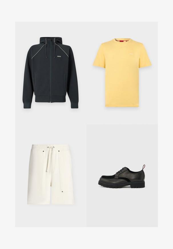 Sweat à capuche zippé bleu foncé avec capuche, surpiqûres blanches en accent, deux poches latérales et logo 'BOSS' sur la poitrine. Confectionné en tissu doux et texturé.; T-shirt jaune à manches courtes, col rond, avec un petit logo blanc "HUGO" sur la poitrine gauche, présenté sur un fond gris clair uni.; Shorts taille élastique de couleur blanc cassé avec cordon à l'avant et grandes poches plaquées maintenues par de petites rivets métalliques.; Chaussure noire en cuir à lacets avec semelle épaisse crantée et languette rouge à l'arrière, vue de profil sur un fond gris clair.