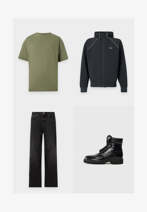 Sweat à capuche zippé bleu foncé avec capuche, surpiqûres blanches en accent, deux poches latérales et logo 'BOSS' sur la poitrine. Confectionné en tissu doux et texturé.; T-shirt vert olive à manches courtes en coton doux, avec un col rond et un logo "BOSS" discret embossé sur la poitrine. Texture lisse, design décontracté.; Jean noir droit avec cinq poches, passants pour ceinture et fermeture par bouton, présenté sur un fond blanc.; Bottine en cuir noir avec une finition brillante, design à lacets, col rembourré et semelle en caoutchouc robuste avec des grips de traction.