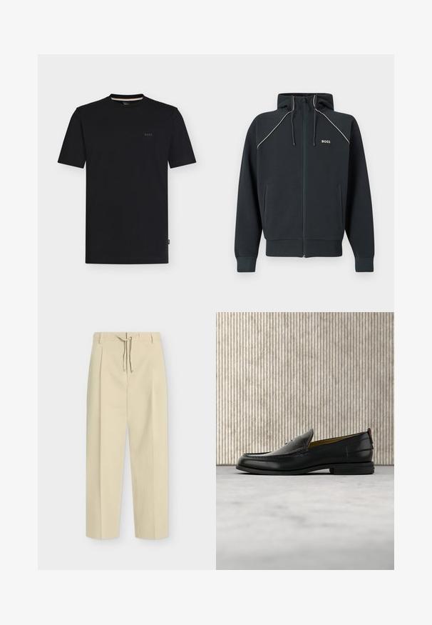 Mørkeblå hættetrøje med lynlås og hætte, hvide kontrastsømme, to sidelommer og 'BOSS'-logo på brystet. Fremstillet af blødt, tekstureret stof.; Sort T-shirt med korte ærmer og rund hals samt et lille "BOSS"-logo på venstre bryst, vist på en ensfarvet hvid baggrund.; Beige bukser med lige ben, bæltestropper og bindebånd foran, med et rent, skræddersyet design og tekstureret stof.; Sort læder herreloafer med krokodillepræget forstykke og lav hæl, vist i profil på en neutral baggrund.