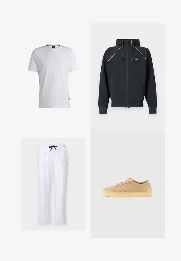 Dunkelblauer Kapuzenpullover mit Reißverschluss, Kapuze, weißen Akzentnähten, zwei Seitentaschen und "BOSS"-Logo auf der Brust. Hergestellt aus weichem, strukturiertem Stoff.; Weißes T-Shirt mit kurzen Ärmeln aus Baumwolle. Besitzt einen Rundhalsausschnitt und ein dezentes Markenlabel an der Seite. Glatte Textur und einfaches Design.; Weiße Hose mit geradem Bein, Bügelfalte vorne, elastischem Bund, schwarzer Kordel und kleinem Logodetail am rechten Oberschenkel.; Beiger Wildleder-Sneaker mit flacher Silhouette, dicker Kautschuksohle, Schnürverschluss und dezentem seitlichem Branding vor einem schlichten hellgrauen Hintergrund.
