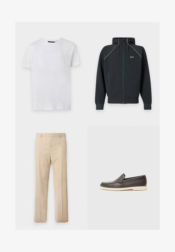 Sweat à capuche zippé bleu foncé avec capuche, surpiqûres blanches en accent, deux poches latérales et logo 'BOSS' sur la poitrine. Confectionné en tissu doux et texturé.; T-shirt blanc uni à manches courtes et col rond avec une petite poche sur la poitrine, présenté sur un fond gris clair.; Pantalon beige sur mesure avec passants pour ceinture, pli devant et fermeture éclair dissimulée, présenté sur un fond uni.; Chaussures à enfiler en cuir marron avec une surface texturée et une semelle beige clair contrastante, présentant un bout arrondi et de minimalistes détails de couture.