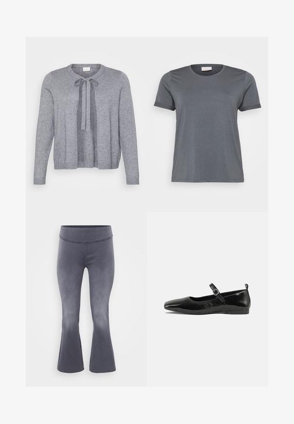 Gilet en tricot gris avec un col rond, fermeture à nouer à l'avant et poignets et ourlet côtelés. Texture douce et design à l'avant ouvert.; T-shirt gris à manches courtes en tissu doux, avec un col rond classique et des manches retroussées. Texture lisse sans motifs visibles.; Pantalons grijs évasés avec une large ceinture. Tissu lisse avec un léger éclat, dégradé du foncé en haut vers le plus clair en bas.; Chaussure plate en cuir verni noir avec un bout pointu, une sangle de cheville avec boucles, et une texture lisse et brillante. Talon bas pour le confort.
