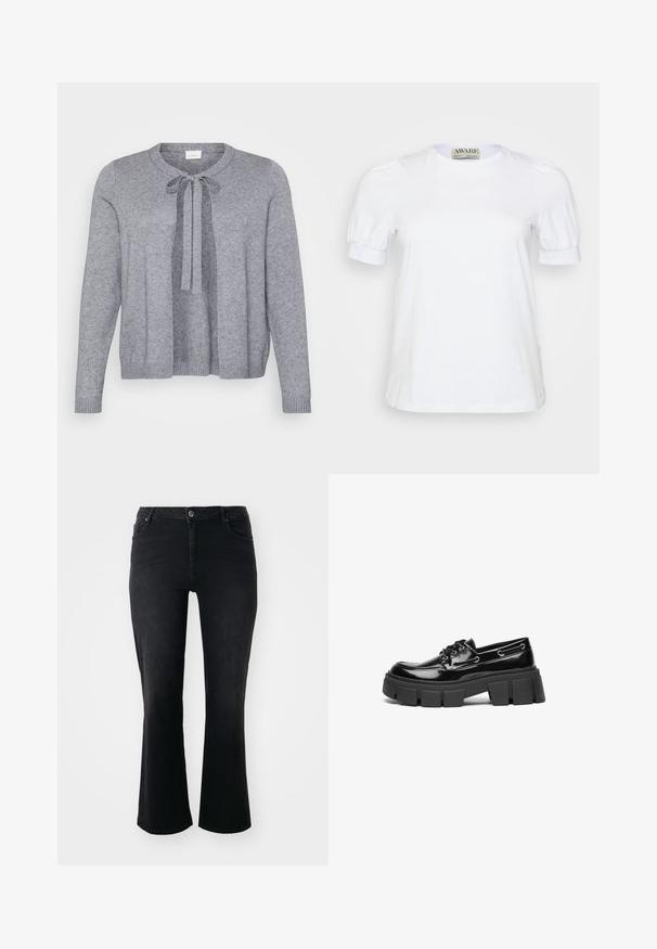 Grijze gebreide cardigan met een ronde halslijn, sluiting met voorknoop en geribde manchetten en zoom. Zachte textuur en open voorkant ontwerp.; Witte korte mouw t-shirt van katoen, met een ronde halslijn en pofmouwen met elastische manchetten. Eenvoudig en klassiek design.; Zwarte denim jeans met een middelhoge taille, een knoop aan de voorkant, twee voorkruiszakken, twee achterzakken en een flared model.; Zwarte gepatineerde leren instappers met een chunky zwart plateauzool en decoratieve oogjes. Gladde textuur met ronde neus en vetersluiting.