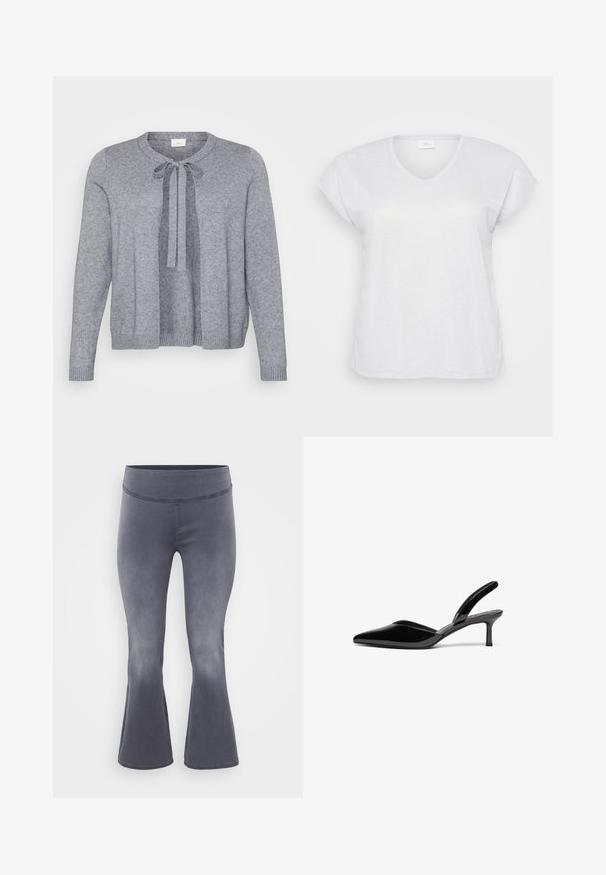 Grijze gebreide cardigan met een ronde halslijn, sluiting met voorknoop en geribde manchetten en zoom. Zachte textuur en open voorkant ontwerp.; Witte korte mouwen V-hals T-shirt met een subtiele glanstextuur, met een ontspannen pasvorm en zonder zichtbare patronen of accenten.; Grijze flared broeken met een brede tailleband. Glad weefsel met een lichte glans, van donkerboven naar lichter beneden.; Zwarte gepolijste leren slingback hakken met een puntige neus, een lage stiletto hak en een elegant, eenvoudig ontwerp zonder versieringen.
