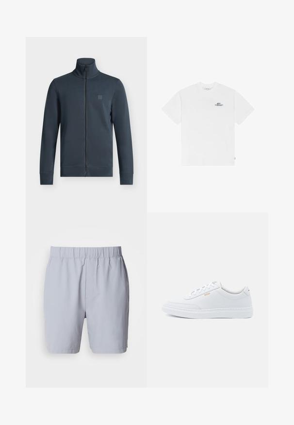 Veste bleu foncé à fermeture éclair intégrale, col montant et manches longues, avec un petit patch logo embossé sur la poitrine gauche.; T-shirt blanc à manches courtes avec petit logo noir "Les Deux Society" et graphique sur le côté gauche de la poitrine.; Shorts de bain gris clair avec une taille élastique, deux poches latérales et un tissu lisse et léger. Aucuns motifs ou embellissements visibles.; Baskets blanches en cuir avec une texture lisse, bout rond et coutures tonales. Possède des lacets bleus et un logo doré sur le côté.