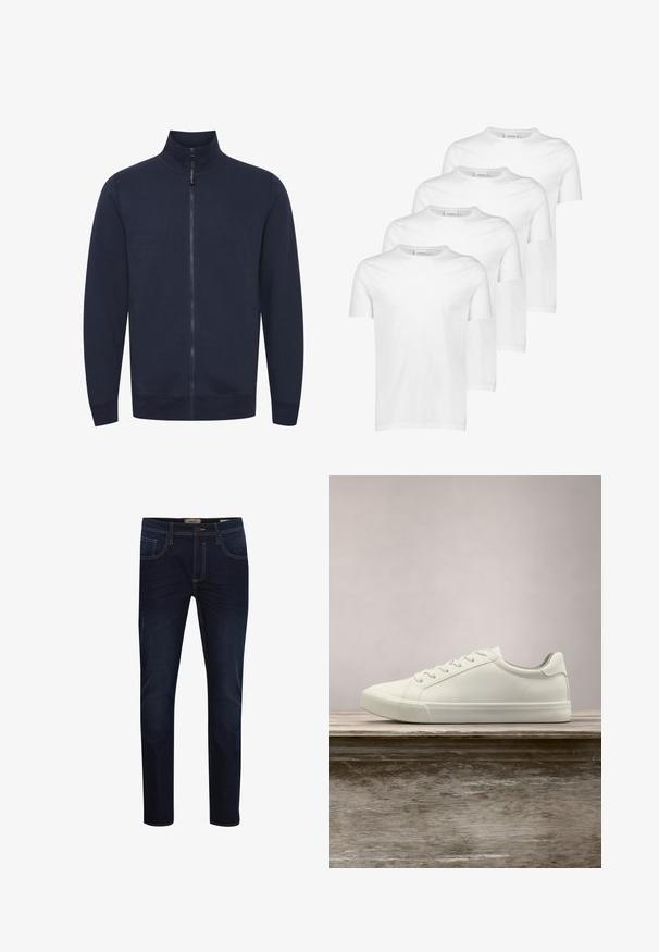 Sudadera con cremallera de color azul marino, con cuello alto, puños acanalados y bolsillos laterales. Fabricada con un tejido suave y texturizado, con una cremallera lisa.; Camisetas de algodón blancas, de manga corta, con cuello redondo, textura suave, cuatro piezas apiladas con diseño consistente y sin patrones ni acentos.; Pantalones vaqueros de mezclilla azul oscuro con un corte ajustado, que presentan costuras amarillas, diseño de cinco bolsillos y cierre de cremallera. Textura suave, corte moderno.; Zapatilla blanca con cordones flotando sobre un banco de madera con follaje verde al fondo, mostrando el diseño y la textura del zapato.