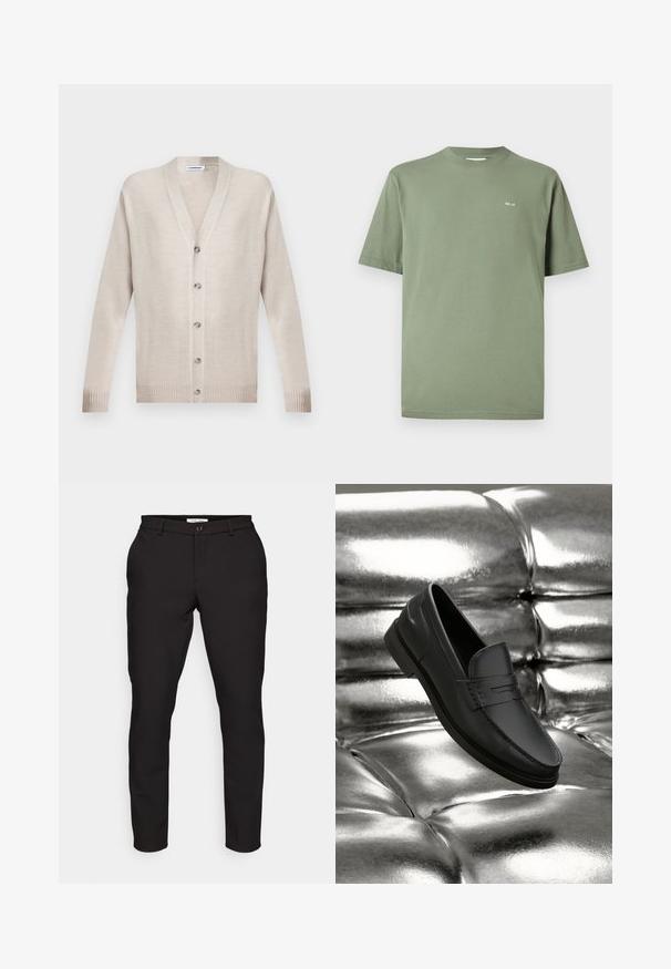 Cardigan beige à manches longues avec boutons, col en V, poignets et ourlet côtelés, posé à plat sur un fond uni.; T-shirt vert à manches courtes avec col rond, petit logo blanc "NN. 07" en haut à gauche de la poitrine sur un fond uni.; Pantalons noirs ajustés avec une coupe slim. Comprend une fermeture à glissière, un bouton, des poches latérales et un tissu lisse et léger.; Mocassins en cuir noir à texture lisse, avec des détails de couture et un design classique, présentés sur un fond métallique et brillant.