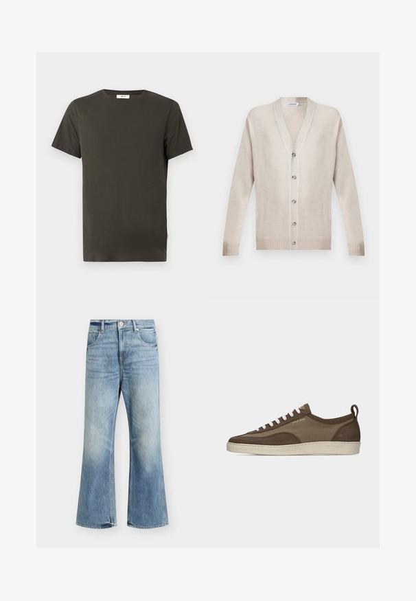 Cardigan beige à manches longues avec boutons, col en V, poignets et ourlet côtelés, posé à plat sur un fond uni.; T-shirt à manches courtes col rond couleur vert olive foncé avec une petite étiquette blanche sur la couture latérale inférieure sur fond blanc.; Jean bleu clair taille haute jambe large, fermeture devant par bouton et zip, deux poches avant et délavage subtil sur les cuisses et les genoux.; Baskets basses marron à profil bas avec lacets blancs, semelle beige, dessus en tissu et daim, languette latérale et logo "Tiger of Sweden" en texte doré.