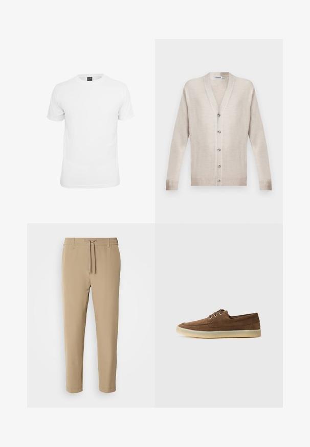 Cárdigan beige de manga larga con botones, escote en V y puños y dobladillo acanalados, colocado plano sobre un fondo liso.; Camiseta blanca de manga corta, fabricada en algodón, con un cuello redondo y una textura suave, diseñada para el uso casual.; Pantalones beige con corte cónico, cintura elástica y cordón ajustable. Tejido suave con un diseño limpio y sin patrones ni herrajes visibles.; Zapatos de ante marrón con un diseño de perfil bajo, con cordones, suela de goma y detalles de costura en contraste. Estilo simple y funcional.