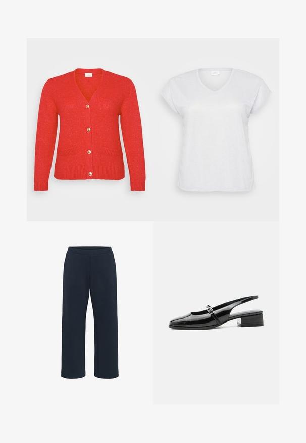 Cardigan rouge avec un col en V, des boutons dorés, un ourlet et des poignets côtelés, présentant deux poches avant et un matériau tricoté texturé.; T-shirt blanc à manches courtes et en V avec une texture scintillante subtile, offrant une coupe décontractée et sans motifs ni accents visibles.; Pantalons en mélange de coton, coupe confortable, couleur bleu marine foncé, avec une taille élastique et des jambes droites. Sans poches ni coutures visibles.; Chaussure slingback en cuir verni noir avec un petit talon bloc et une fine bride avec une boucle argentée sur le dessus.
