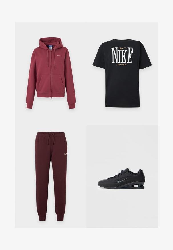 Sudadera con capucha burdeos con cremallera, bolsillos delanteros, capucha con cordón, puños de canalé y un pequeño logo blanco de Nike en el pecho.; Camiseta negra de manga corta de Nike con un gran texto blanco "NIKE", pequeño logo dorado de Nike swoosh arriba y texto "SPORTS CLUB" debajo del logo.; Pantalones de chándal burdeos con cintura elástica y cordón. Cuenta con puños acanalados y un pequeño logo blanco de Nike en el muslo izquierdo. Textura suave.; Zapatillas Nike negras con parte superior texturizada, diseño elegante, cierre de cordones y unidad de aire visible en el talón. Detalle de marca minimalista.