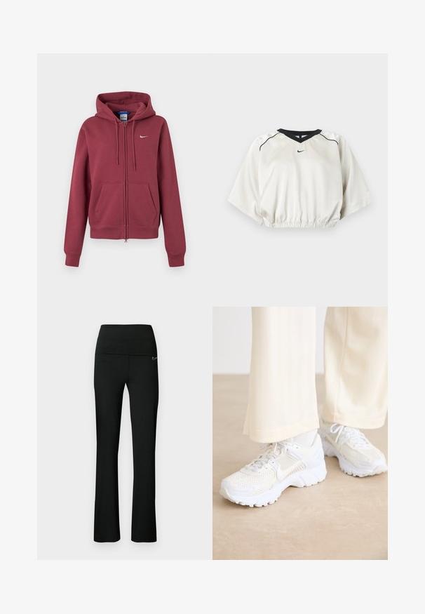 Sudadera con capucha burdeos con cremallera, bolsillos delanteros, capucha con cordón, puños de canalé y un pequeño logo blanco de Nike en el pecho.; Top deportivo corto blanco con ribete en V negro, cintura elástica, mangas cortas y anchas y pequeño logo negro de Nike en el centro delantero.; Pantalones deportivos negros con cintura ajustada y piernas acampanadas. Fabricados con una tela elástica, presentan un pequeño logo en el lateral.; Zapatos deportivos blancos con un diseño de malla, superficies texturizadas y suelas que brindan soporte. Cierres de cordones y un detalle de marca sutil en el costado.