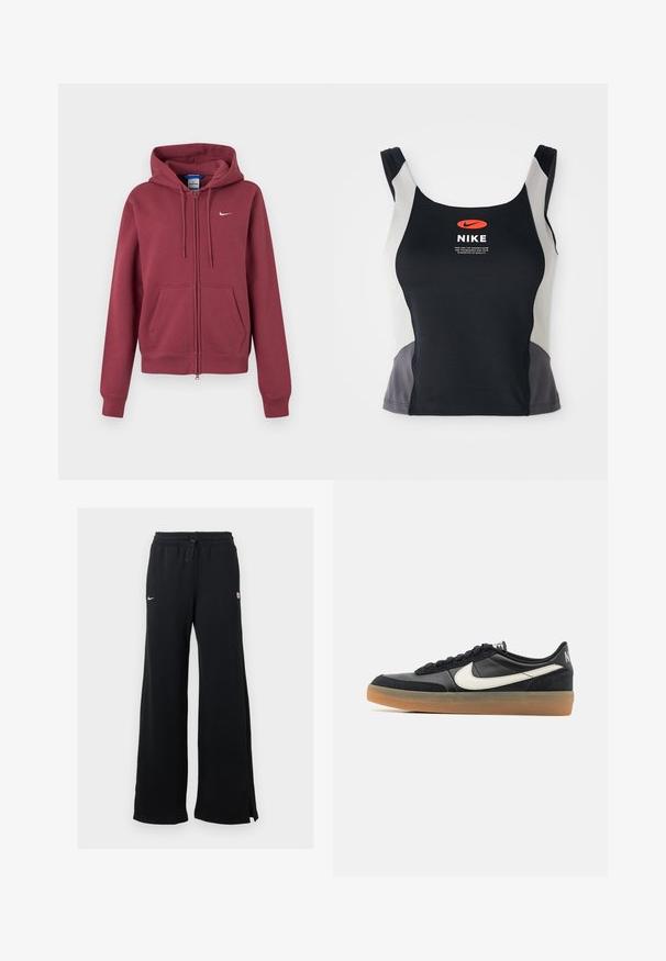 Bordeauxrode hoodie met rits, voorzakken, trekkoord in de capuchon, geribbelde boorden en een kleine witte Nike-swoosh op de borst.; Zwarte en grijze sporttanktop met een ronde hals, smalle banden en een centraal oranje Nike-logo op de voorkant gedrukt.; Zwarte joggingbroek met wijd been, elastische tailleband, trekkoord en logodetail. De stoftextuur lijkt zacht en comfortabel.; Zwarte sportieve schoen met een bovenwerk van textuurleer, witte swoosh-logo en een gumrubberen zool. Vetersluiting met voering bij de kraag voor extra comfort.