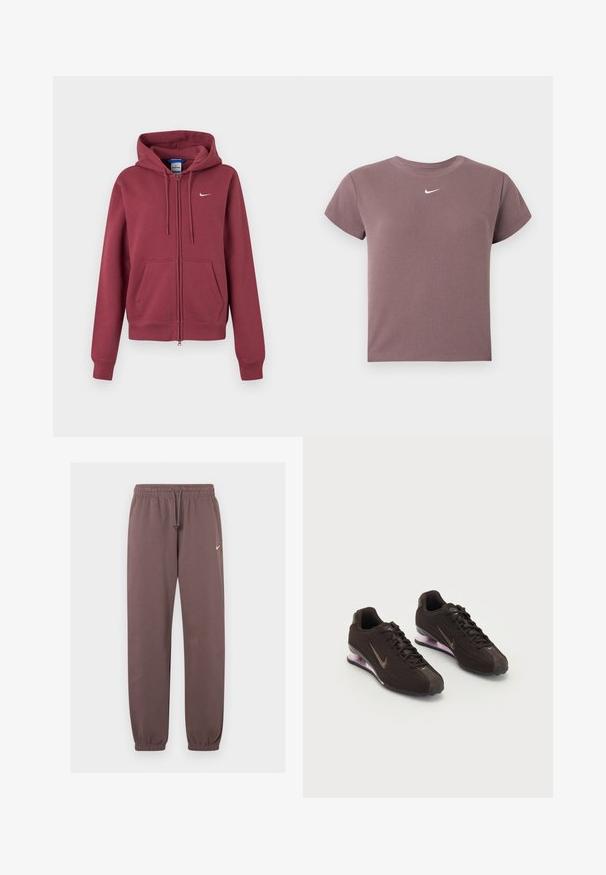 Bordeaux rød hættetrøje med lynlås, forlommer, snøretræk i hætten, ribkanter og et lille hvidt Nike-swoosh på brystet.; Mauve ribbet kortærmet crop top med rund hals og lille hvid Nike-logo centreret under halsudskæringen.; Brune Nike træningsbukser med elastisk talje, snor, manchetter ved anklerne og et lille hvidt Nike-logo på den øverste venstre læg.; Sorte atletiksko med en tekstureret overdel, brune detaljer og en lilla luftfyldt sål. Snørebåndsdesign med fremtrædende branding.