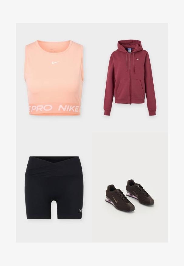 Bordeaux rød hættetrøje med lynlås, forlommer, snøretræk i hætten, ribkanter og et lille hvidt Nike-swoosh på brystet.; Sports crop top fra Nike Pro i ferskenfarve med ærmeløs design, rund halsudskæring, hvid Nike swoosh-logo midt for og branded elastikkant.; Sorte atletikshorts med et krydsbånd i taljen og lille hvid Nike swoosh-logo på venstre ben mod en ensfarvet baggrund.; Sorte atletiksko med en tekstureret overdel, brune detaljer og en lilla luftfyldt sål. Snørebåndsdesign med fremtrædende branding.