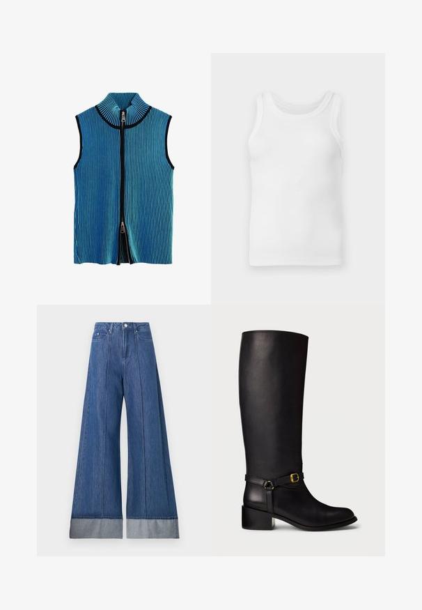 Mouwloze vest in blauwe en turquoise ribgebreide stof met een hoge kraag, voorzien van een rits aan de voorkant en zwarte afwerking langs de randen.; Witte geribde katoenen mouwloze tanktop met een ronde hals, plat weergegeven tegen een lichtgrijze achtergrond.; Wijde jeans in mediumblauwe denim, met een hoge taille, twee voorkruiven en een contrasterende lichtere denim omslag aan de onderkant.; Zwarte leren kuitlange laarzen met een lage blokhak en een decoratieve band met een kleine gouden gesp op de enkel.