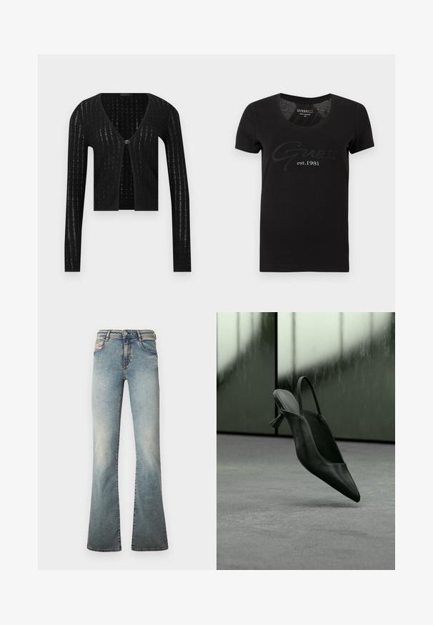 Sort let strik cardigan med lange ærmer, V-hals, enkelt dekorativt knaplukning og subtilt vertikalt åbent mønster.; Sort kortærmet T-shirt med rund halsudskæring. Har ordet "Guess" i en buet skrifttype og "est. 1981" trykt nedenunder i kontrastfuld hvid.; Lyseblå udvidede jeans lavet af denim, med fem lommer, knaplukning og subtil falmning på benene.; Sort læder slingback højhælet sko med spids tå svævende over gråt tæppe, sløret grønlig væg i baggrunden.