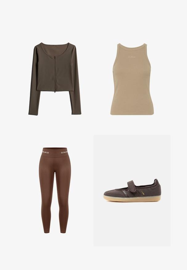 Langærmet, cropped top i olivengrønt ribbet stof med en lynlås foran og rund halsudskæring. Tekstureret med en tætsiddende silhuet.; Beige ribbet t-shirt med rund halsudskæring, ærmeløs design og et lille præget logo midt foran. Blød stoftekstur.; Brune leggings med høj talje og glat tekstur, med en strikket linning med "SMIMS"-logo i hvid, tætsiddende design, fuld længde.; Brun Adidas Samba sneaker med velcro rem, gummisål og signaturstriber med krokodillemønster på hvid baggrund.