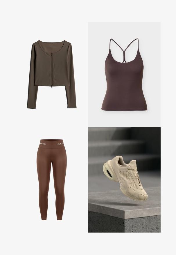 Langærmet, cropped top i olivengrønt ribbet stof med en lynlås foran og rund halsudskæring. Tekstureret med en tætsiddende silhuet.; Mørkebrun tætsiddende tanktop med tynde dobbelte skulderstropper, der danner en Y-form på ryggen, sømløs kant.; Brune leggings med høj talje og glat tekstur, med en strikket linning med "SMIMS"-logo i hvid, tætsiddende design, fuld længde.; Beige sportssko med tekstureret overflade og unik sål, svævende over en grå betonlænge med slørede trapper i baggrunden.