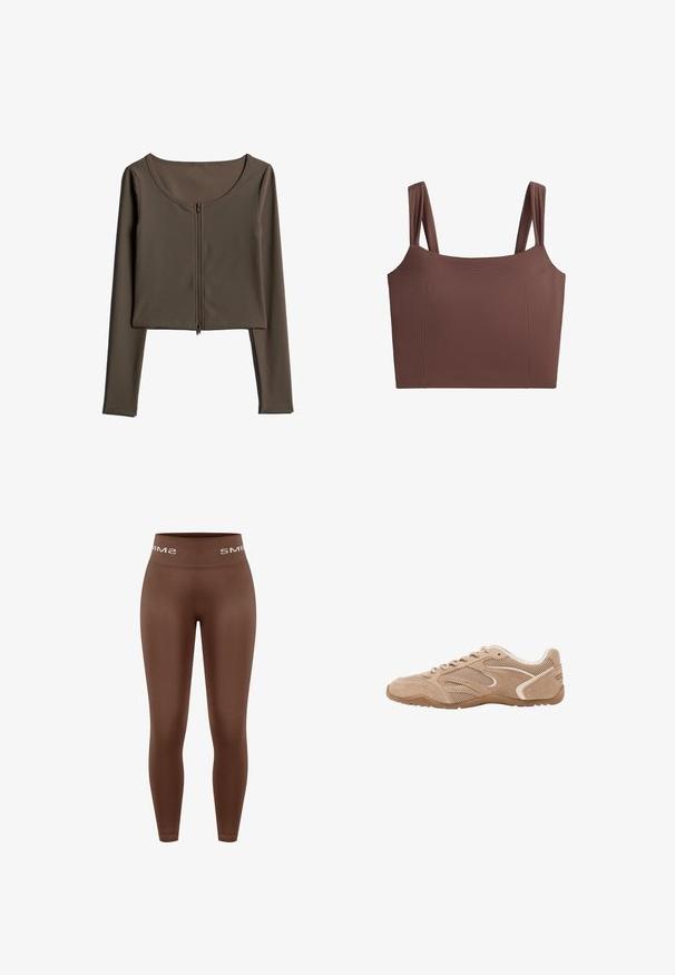 Top court à manches longues en tissu côtelé vert olive, avec un zip à l'avant et un col rond. Texturé avec une silhouette ajustée.; Top court marron avec larges bretelles et encolure droite, présenté sur un fond blanc uni.; Leggings marron taille haute avec une texture lisse, dotés d'une ceinture tricotée portant le logo "SMIMS" en blanc, coupe ajustée, longueur totale.; Baskets en suède et mesh marron clair avec lacets à l'avant et semelle en caoutchouc, vues de côté extérieur sur fond blanc.