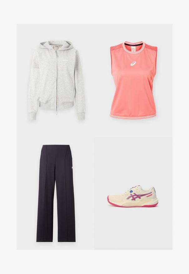 Lysegrå lynlåshættejakke med lange ærmer, ribstrikkede manchetter og kant, forlommer og lille hvid "ellesse"-logo på brystet.; Ærmeløs atletisk tanktop i koralpink med hvide kanter på krave og kant, med hvidt Asics-logo centreret på brystet.; Sorte bukser med vide ben, med subtile forreste sømme og et lille hvidt logo på øverste lår mod en ensfarvet baggrund.; Cremefarvet sportsko med en lyserød sål, blå og lilla accenter, perforeret overdel og design med rund tå.