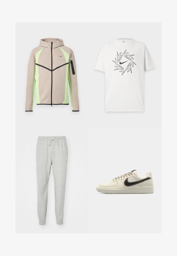 Beež ja heleroheline kapuutsiga lukujope mustade detailidega, väike Nike logo rinnal ja lukuga tasku vasakul varrukal.; Valge lühikeste varrukatega Nike T-särk musta abstraktse ümmarguse mustri ja esiküljel oleva Nike swoosh logoga.; Hallid hallid dressipüksid, mis on valmistatud pehmest materjalist, millel on elastne vöökoht, paelakk ja ribakäised. Küljel on väike logo.; Beige nahkkingad valge kummist talla, tumepruuni Swooshi, tikitud detailide ja hallide paeltega.