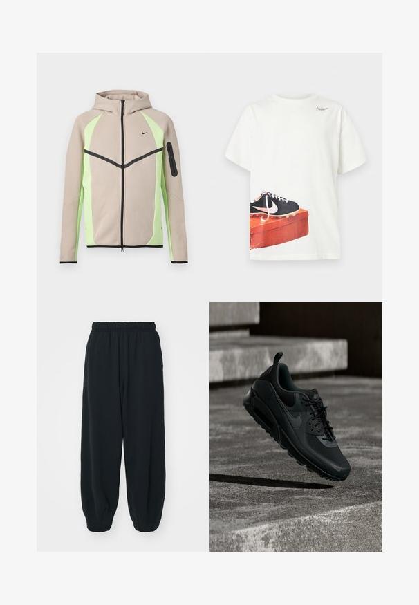 Beige og lysegrøn hættetrøje med lynlås, sorte detaljer, lille Nike-logo på brystet og lynlåslomme på venstre ærme.; Hvid T-shirt med korte ærmer med et trykt sort Nike-fodboldstøvlemotiv på en slidt rød skoeske tæt på sømmen og et lille logo nær halsudskæringen.; Sorte svedbukser med elastisk talje, løs pasform, afsluttede ankler, glat tekstur og uden synlige mønstre eller hardware-detaljer.; Sort Nike Air Max sneaker svævende midt i luften over en tekstureret betonbund med betontrapper i baggrunden.