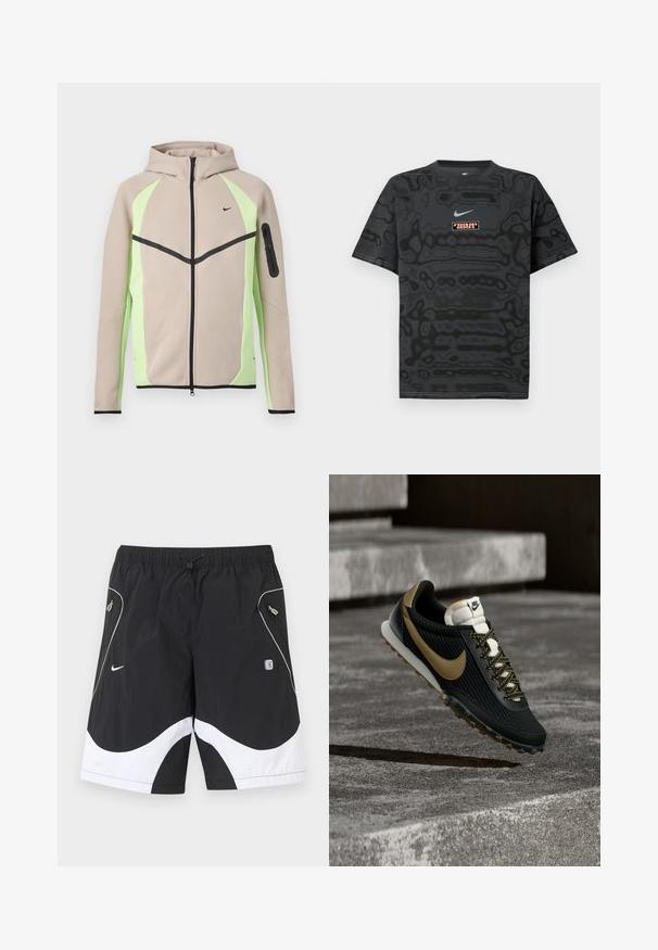 Veste à capuche beige et vert clair avec fermeture éclair, détails en noir, petit logo Nike sur la poitrine et poche zippée sur la manche gauche.; T-shirt noir avec un motif texturé, arborant un petit logo Nike en bleu clair et un écusson rectangulaire aux couleurs contrastantes.; Shorts de sport Nike noir et blanc avec taille élastique, cordon de serrage, poches latérales zippées et garniture réfléchissante sur les panneaux avant.; Chaussure de course Nike noire et dorée avec une tige texturée et des lacets à motifs flottant au-dessus d'une surface en béton rugueuse et des marches.