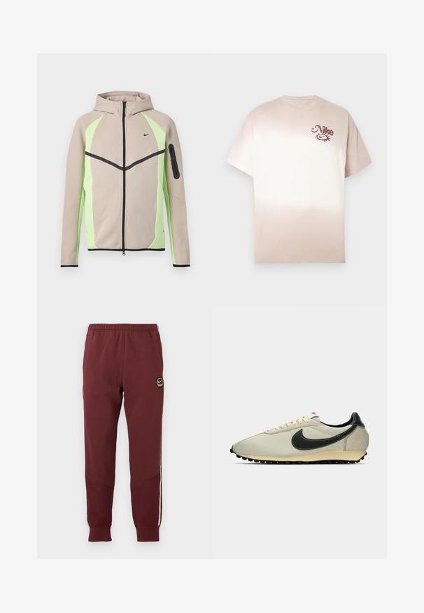 Chaqueta con capucha beige y verde claro con cremallera, con acentos negros, pequeño logo de Nike en el pecho y bolsillo con cremallera en la manga izquierda.; Camiseta Nike en ombré de beige a crema, manga corta, cuello redondo, con un pequeño logo marrón en el lado superior izquierdo del pecho. Material de algodón suave.; Chándal marrón con un logo hexagonal de Nike, cinturilla elástica, dos bolsillos laterales y rayas laterales blancas. Tejido texturizado con diseño de pierna ajustada.; Zapatillas de lona beige con acentos de cuero negro, puntera redondeada, suela plana negra y cordones blancos. Presenta un logotipo negro destacado.