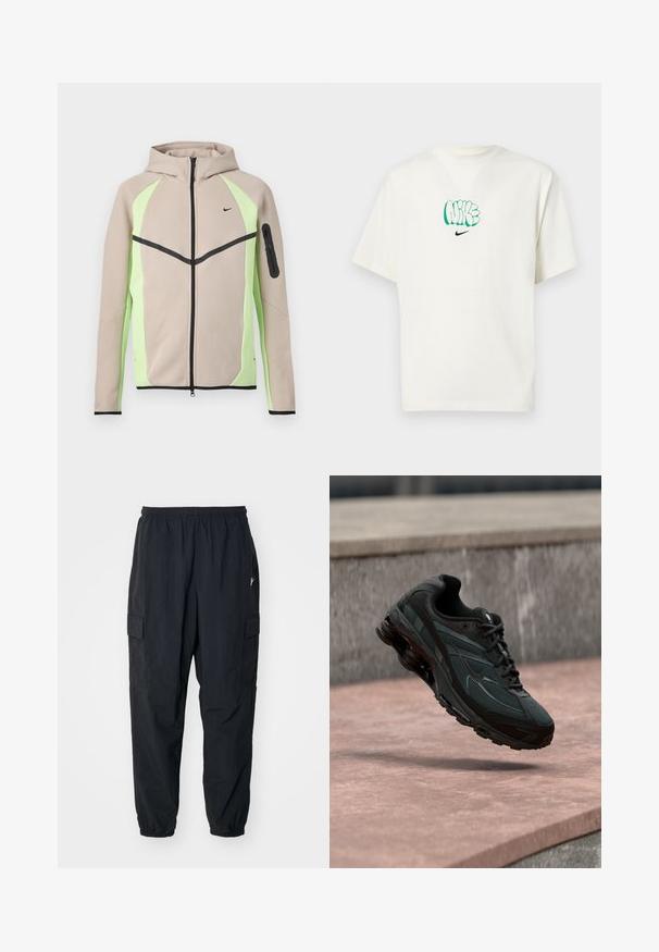 Beež ja heleroheline kapuutsiga lukujope mustade detailidega, väike Nike logo rinnal ja lukuga tasku vasakul varrukal.; Valge puuvillane T-särk, millel on värvikas roheline Nike logo disain ja must Nike swoosh keskel. Lühikesed varrukad, mugav lõige.; Mustad mustad püksid kergest materjalist, elastse vöökoha, küljetaskute ja lõdva istuvuse ning elastsete mansettidega.; Must sportlik toss nähtava õhkpadi keskmise tallaga, hõljudes roosa kivipinna kohal, mille taustal on hall kivimüür.