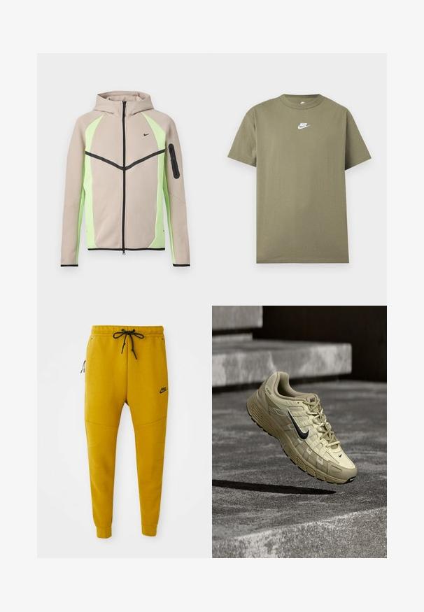 Beige og lysegrøn hættetrøje med lynlås, sorte detaljer, lille Nike-logo på brystet og lynlåslomme på venstre ærme.; Olivengrøn kortærmet Nike T-shirt med rund hals og hvidt logo på brystet på en ensfarvet lys grå baggrund.; Sennepsgule Nike joggebukser med sort snor, lynlåslomme i siden, ribstrikkede manchetter og Nike-logo på venstre lår.; Beige Nike løbesko med sort swoosh, svevende i luften over betonstrin, der viser den teksturerede sål og overdel i meshstof.