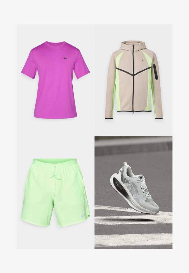 Béžová a svetlozelená zipsová bunda s kapucňou a čiernymi akcentmi, malým logom Nike na hrudi a vreckom na zips na ľavom rukáve.; Fialové krátke tričko s krátkym rukávom vyrobené z hladkej látky, obsahujúce čierne logo Nike na ľavej strane hrudníka. Klasický okrúhly výstrih.; Svetlozelené atletické šortky s nastaviteľným pásom na šnúrku a bočnými vreckami, s malým reflexným swooshom Nike na ľavom stehne.; Svetlosivá športová obuv s čiernou podrážkou "ZoomX", bielymi šnúrkami a štítkom "RUN", zobrazená vo vzduchu nad asfaltom s bielymi pruhmi.