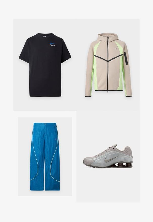 Béžová a svetlozelená zipsová bunda s kapucňou a čiernymi akcentmi, malým logom Nike na hrudi a vreckom na zips na ľavom rukáve.; Čierne tričko s krátkym rukávom, s malým modrým Nike swoosh a bielym textom "ATHLETIC DEPT JUST DO IT." na hornej ľavej strane hrudi.; Modré atletické nohavice s širokými nohavicami, so žltými reflexnými líniami a malým ružovým logom Nike na pravom stehne, zapínanie na gombík a zips.; Běžecká obuv Nike ve světle šedé barvě s hladkým povrchem, zakřiveným designem a viditelnými odpružovacími pružinami v tmavě hnědé barvě na patě.