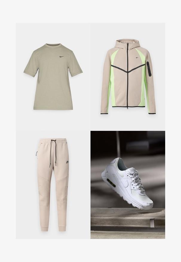 Beige en lichtgroene capuchonjas met ritssluiting, zwarte accenten, klein Nike-logo op de borst en een zak met ritssluiting op de linkermouw.; Lichtgrijs Nike T-shirt met korte mouwen, ronde hals en klein zwart Nike Swoosh-logo op de linkerborst.; Beige Nike joggingbroek met een zwarte trekkoord, een ritssluiting aan de zijkant, gestikte kniepanelen en elastische boorden.; Witte Nike Air Max 90 sneaker met een bovenwerk van mesh en leer, een geperforeerde teenbox en een zichtbare luchtunit in de hiel.