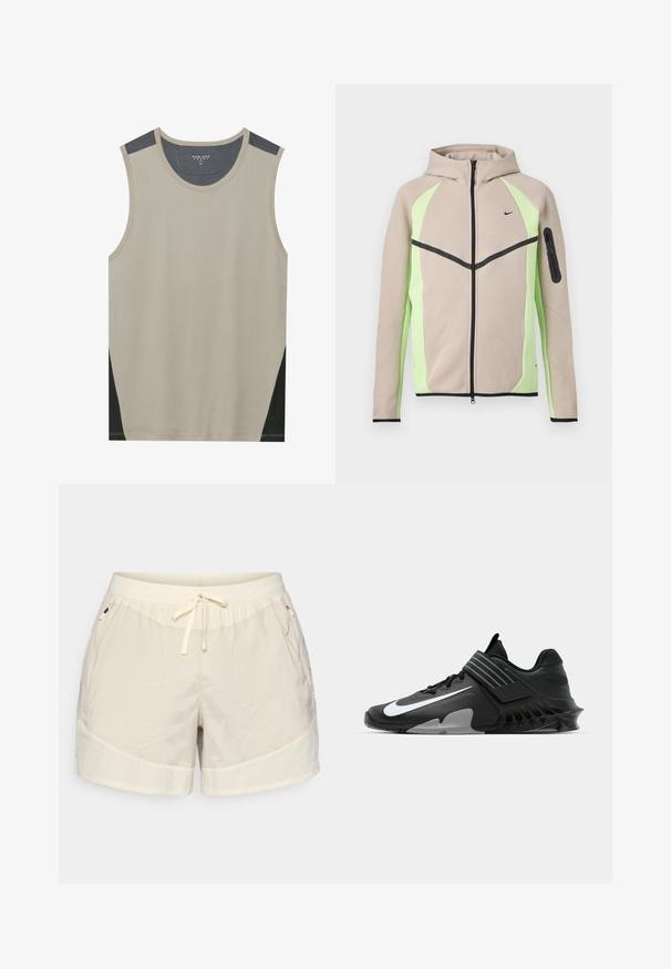 Beige og lysegrøn hættetrøje med lynlås, sorte detaljer, lille Nike-logo på brystet og lynlåslomme på venstre ærme.; Beige ærmeløs tanktop med mørkegrå skulderdetaljer og sorte sidelapper. Glat tekstur med en rund halsudskæring.; Beige sportshorts med elastisk talje, snorelukning og to sidelommer. Teksturstof med glatte detaljer.; Sorte sportsko med et strømlinet design, der har et fremtrædende hvidt Nike-logo, teksturerede overflader og en karakteristisk støbt sål.