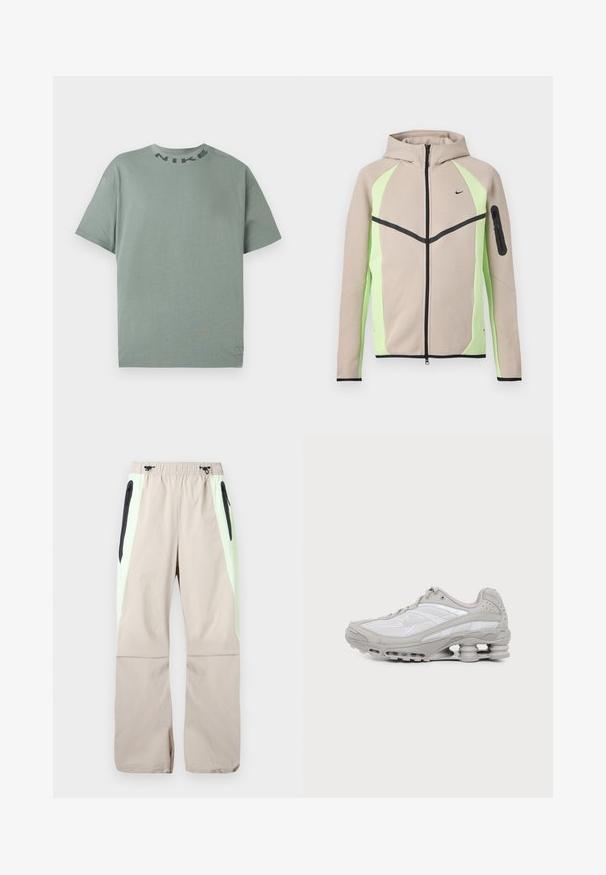 Beige en lichtgroene capuchonjas met ritssluiting, zwarte accenten, klein Nike-logo op de borst en een zak met ritssluiting op de linkermouw.; Lichtgroene korte mouwen Nike t-shirt met ronde hals en zwarte "NIKE" tekst nabij de kraag, weergegeven op een effen witte achtergrond.; Beige broek met lichtgroene zijpanelen, zwarte dijzakken met rits en elastische tailleband met zwarte trekkoorden.; Grijze en witte sportschoen met zichtbare luchtkussenzool en meshpanelen, in profiel weergegeven op een eenvoudige lichte achtergrond.