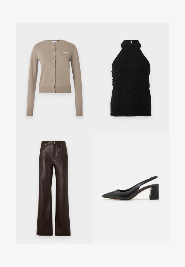 Beež kardigan ümmarguse kaelusega, pikkade varrukatega ja nööpidega kinnitatav. Omaduseks on soonikuga mansetid ja äär, esiküljel väike valge logo.; Must mustaga ilma varrukat ja kõrge kaelusega särk, millel on chevron-mustriga tekstuur ja kerge sädelus, asetatud valgele taustale.; Vero Moda Wide-leg VMTESSA High rise - Püksid - chocolate torte; Must must naiste king, musta nahaga ja terava ninaga, lõikega kujundusega ja paksu plokknõmaga. Sile tekstuur minimalistliku esteetikaga.