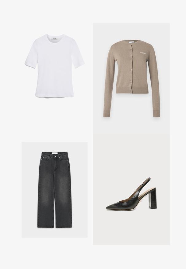 Beige vest met een ronde halslijn, lange mouwen en knoopsluiting. Heeft geribde manchetten en zoom, met een klein wit logo aan de voorkant.; Witte korte mouwen t-shirt van ribstof. Ronde halslijn, normale pasvorm en subtiele stiksels. Geen patronen of grafische elementen.; Zwarte wijde broekspijpen spijkerbroek met een vervaagde afwerking, voorzien van een knoop- en ritssluiting, een ontwerp met vijf zakken en contrasterend stiksel.; Zwarte leren slingback schoen met spits toelopend neusje, hoge blokhak en beige binnenvoering tegen een effen lichte achtergrond.