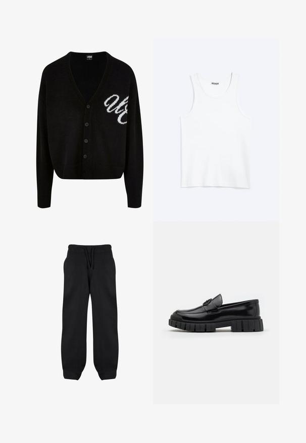 Cárdigan negro de punto con diseño de cuello en V, cierre de botones y puños acanalados. Letras blancas bordadas en el lado izquierdo, ajuste corto.; Camiseta sin mangas blanca con cuello redondo y etiqueta de la marca Weekday en el interior del cuello trasero, mostrada plana sobre un fondo claro.; Pantalones de chándal negros con cintura elástica, cordón y bolsillos laterales. Fabricados con una tela suave, tienen un corte holgado y tobillos ajustados.; Mocasines de cuero negro con suelas de goma gruesas y estriadas. Presentan una puntera redondeada y una correa decorativa con un acento de logo. Textura lisa.