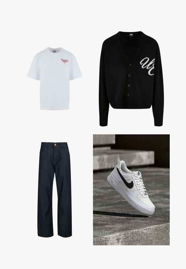 Schwarze Strickjacke mit V-Ausschnitt, Knopfverschluss und gerippten Bündchen. Bestickte weiße Schriftzüge auf der linken Seite, cropped Fit.; Weißes Baumwoll-T-Shirt mit Rundhalsausschnitt, kurzen Ärmeln und einem bunten Grafik-Patch auf der linken Brust, das Text und Muster zeigt.; Dunkelblaue Jeans aus Denim mit geradem Schnitt, Knopfverschluss, fünf Taschen und kontrastierenden Nähten.; Weißer Nike Air Force 1 Sneaker mit schwarzem Swoosh, geschnürten Schnürsenkeln, schwebend in der Luft über einer strukturierten Betonoberfläche im Freien.