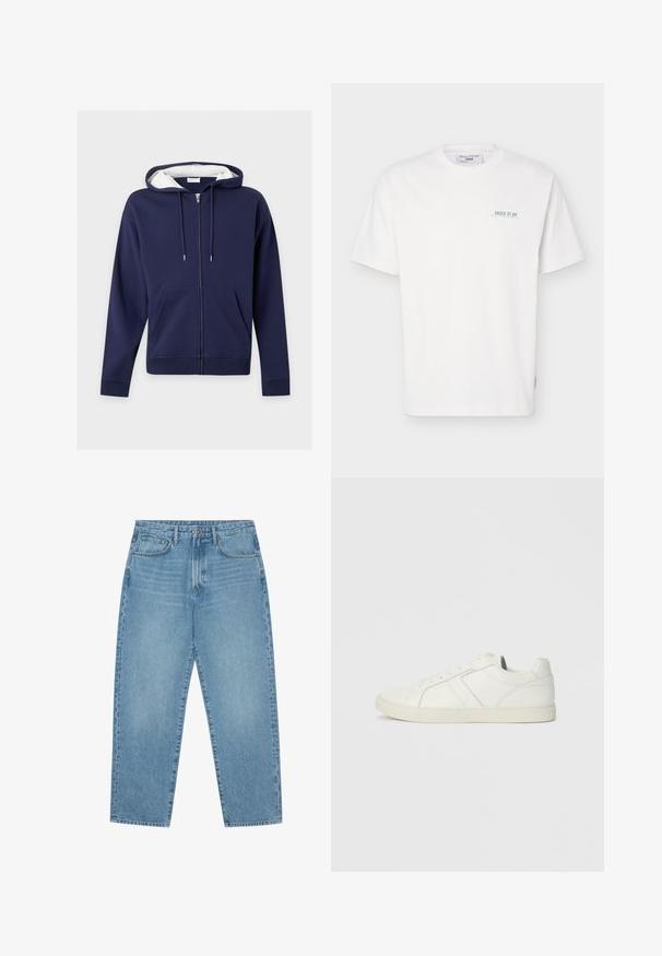 Sudadera con capucha azul marino con cremallera, bolsillos delanteros, capucha ajustable con cordón y forro blanco en el interior de la capucha.; Camiseta blanca de manga corta con cuello redondo y pequeño texto verde "JUICE IT UP Marc O'Polo Denim" en la zona del pecho izquierdo.; Pantalones vaqueros de mezclilla azul claro con corte de pierna recta, diseño de cinco bolsillos y textura ligeramente desgastada. Cuentan con cierre de botón y cremallera.; Zapatilla baja blanca de cuero con cierre de cordones y suela de goma plana, vista desde el lado interno sobre un fondo liso.