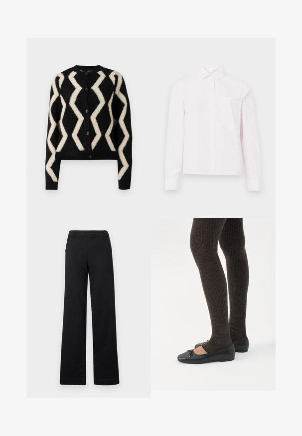 Cárdigan negro con una textura suave, que presenta un patrón de zigzag en color crema. Cinco botones negros en la parte delantera y mangas largas.; Camisa de botonera de manga larga color rosa claro, con cuello y un bolsillo en el pecho, presentada sobre un fondo blanco.; Pantalones de pierna ancha negros con cintura alta, detalles de botones en los laterales y una textura de denim suave con un acabado limpio.; Piernas con leggings oscuros acanalados combinados con bailarinas negras que presentan pequeños detalles de lazo sobre un fondo blanco.