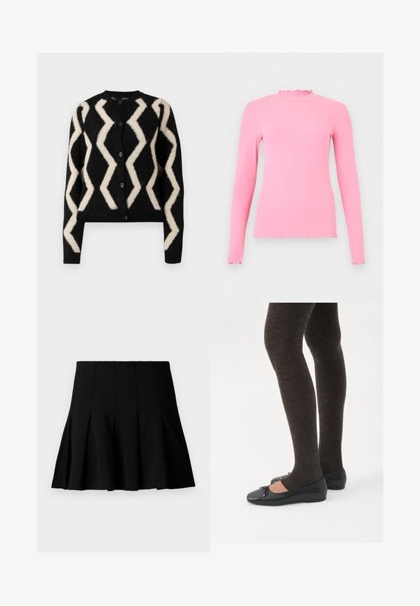 Cardigan noir avec une texture duveteuse, présentant un motif en zigzag crème. Cinq boutons noirs à l'avant et des manches longues.; Haut rose à manches longues en maille côtelée avec bords volantés au col, aux poignets et à l’ourlet, présenté sur un fond clair uni.; Jupe noire courte plissée en tissu lisse. Dispose d'une taille élastique et d'une silhouette évasée qui s'étend jusqu'au milieu de la cuisse.; Jambes portant des leggings côtelés foncés associés à des ballerines noires avec de petits détails en nœud sur fond blanc.