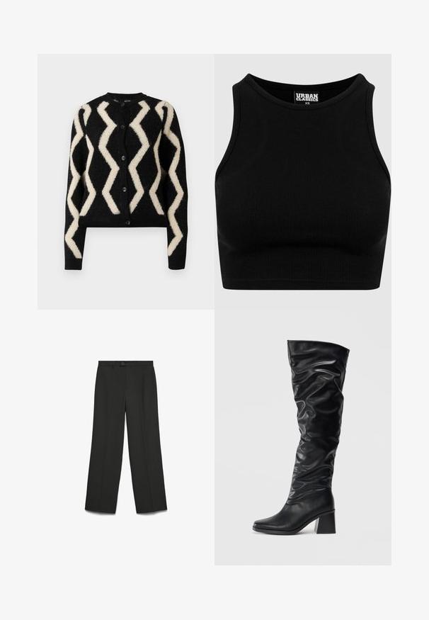 Cárdigan negro con una textura suave, que presenta un patrón de zigzag en color crema. Cinco botones negros en la parte delantera y mangas largas.; Top corto negro de canalé con escote redondo y diseño sin mangas. Confeccionado con una tela elástica y texturizada. La etiqueta dice "Urban Classics."; Pantalones de pierna ancha negros, hechos de tela suave; cuentan con un cierre de botón, parte delantera plana y dos bolsillos laterales. Diseño ajustado, sin patrones.; Botas negras hasta la rodilla hechas de cuero brillante con un diseño arrugado, puntera afilada y un tacón grueso. Textura suave con un brillo sutil.