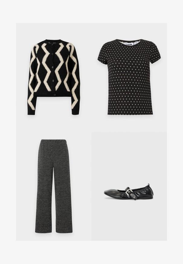 Cardigan noir avec une texture duveteuse, présentant un motif en zigzag crème. Cinq boutons noirs à l'avant et des manches longues.; T-shirt noir à manches courtes avec des pois blancs, col rond et ourlet droit.; Pantalons à jambes larges en tissu texturé noir et gris, dotés d'une taille élastique pour plus de confort. Pas de poches ni de fermetures visibles.; Chaussure plate en cuir noir avec un nez pointu, des détails froncés autour de l'ouverture et un accent en boucle argentée sur la bride ajustable.