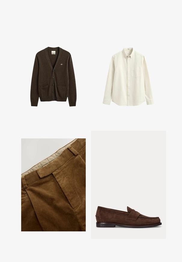 Bruine button-up cardigan met lange mouwen, twee voorzakken, geribde manchetten en zoom, en een klein geborduurd logo op de linkerborst.; Wit overhemd met lange mouwen met dunne verticale grijze strepen, knoopsluiting aan de kraag, borstzak en knoopsluiting in het midden.; Bruine corduroybroek met een gestructureerde oppervlakte, gekenmerkt door een rechte snit en gestikte voorplooien. De tailleband heeft een voering van lichter stof.; Bruine suède penny loafer met lage hak en zichtbare stiksels langs de neus, zijkant en achterkant, weergegeven op een effen lichte achtergrond.