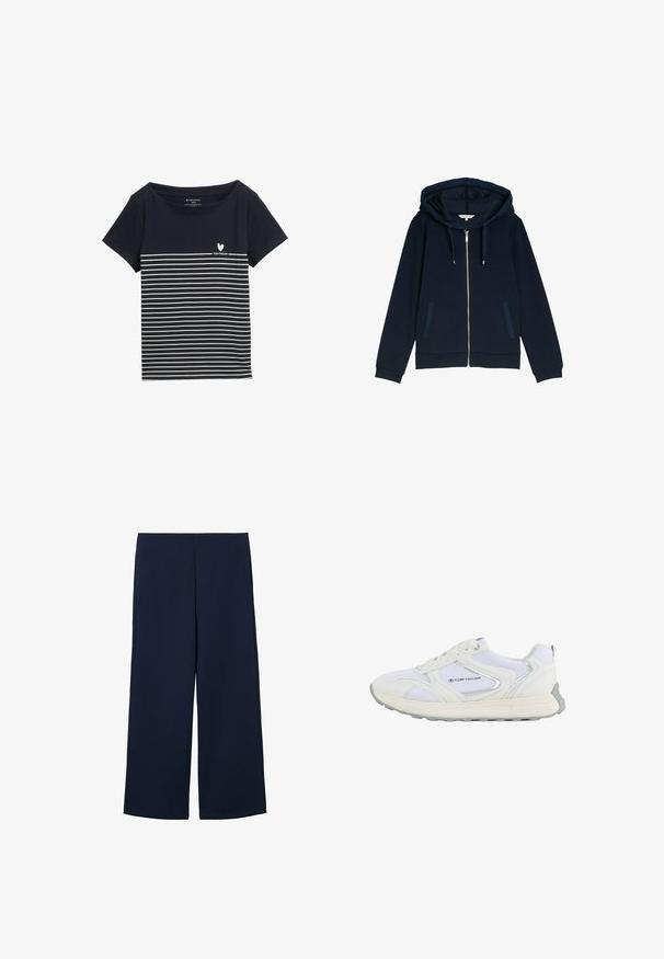 Marineblauwe rits hoodie met koordjes, twee voorzakken en ribgebreide manchetten en zoom, getoond op een witte achtergrond.; Marineblauwe t-shirt met witte horizontale strepen, ronde halslijn, korte mouwen en een klein hartlogo met de tekst "TOM TAILOR" op de voorkant.; Marineblauwe wijde broek gemaakt van lichtgewicht stof, met een strakke uitstraling en rechte snit, voorzien van zijzakken en zonder zichtbare sluitingen.; Witte sportschoen met een bovenwerk van mesh en synthetisch materiaal, voorzien van zilveren accenten en een gestructureerde rubberen zool, gelabeld "TOM TAILOR."
