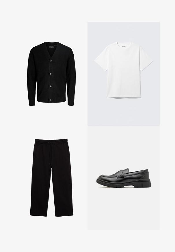 Cardigan noir en matière douce, avec un col en V, six boutons sur le devant, et des poignets et un ourlet côtelés. Design simple.; T-shirt blanc à manches courtes et col rond, étalé à plat, design uni, avec l'étiquette "WEEKDAY" à l'intérieur du col sur un fond clair.; Pantalons de survêtement noirs en tissu doux, avec une taille élastique et un cordon de serrage, deux poches latérales et une coupe décontractée.; Mocassin en cuir noir avec une large sangle sur le devant, semelle en caoutchouc à épaisse rainure, et texture lisse. Design classique et élégant.