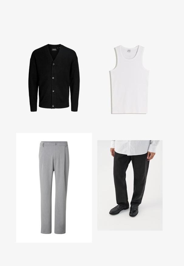Cardigan noir en matière douce, avec un col en V, six boutons sur le devant, et des poignets et un ourlet côtelés. Design simple.; Débardeur blanc en coton avec un col rond et de larges bretelles. Texture lisse, sans motifs ni accents, design simple.; Pantalon gris clair à jambes droites avec un bouton et des passants de ceinture, présenté de face sur fond blanc.; Pantalons en denim noir associés à des mocassins noirs brillants. La chemise est blanche avec de fines rayures verticales, avec des manches longues et un col boutonné.