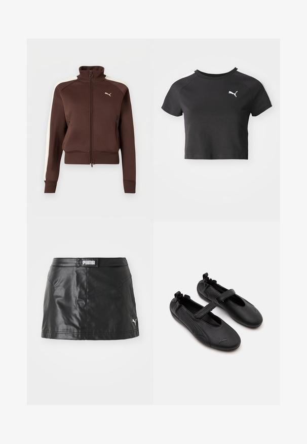 Veste marron zippée avec col montant, bandes latérales crème, poignets et ourlet côtelés, dotée de poches zippées et d'un petit logo sur la poitrine.; T-shirt noire cropped en coton, avec un col rond, des manches courtes raglan et un logo Puma blanc sur la poitrine gauche.; Jupe en faux cuir noir avec une texture lisse, arborant un logo PUMA à la taille et un petit logo sur l'ourlet.; Paire de chaussures en cuir noir style Mary Jane avec arrière élastiqué et bride velcro, avec un logo Puma discret sur chaque orteil.